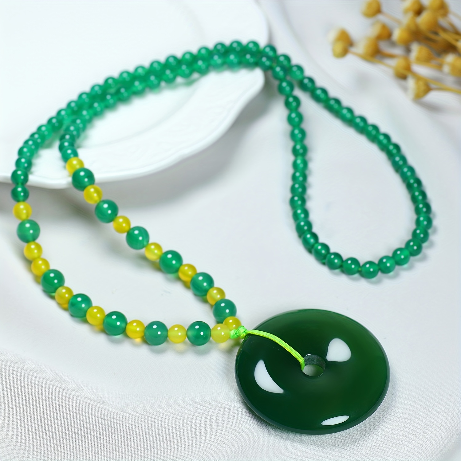 Natural Green Agate Peace Buckle Pendant Necklace for Couples